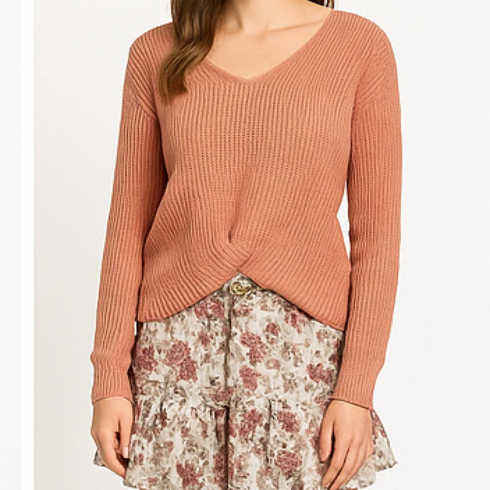 Peach twist front knit sweater long sleeve v neck back strap womens M cozy fall
